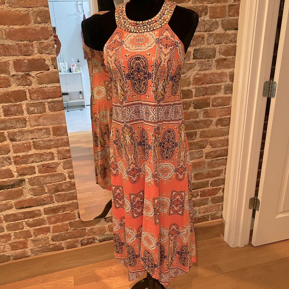 INC coral Patterned A-line dress with Beaded Neckline Detail